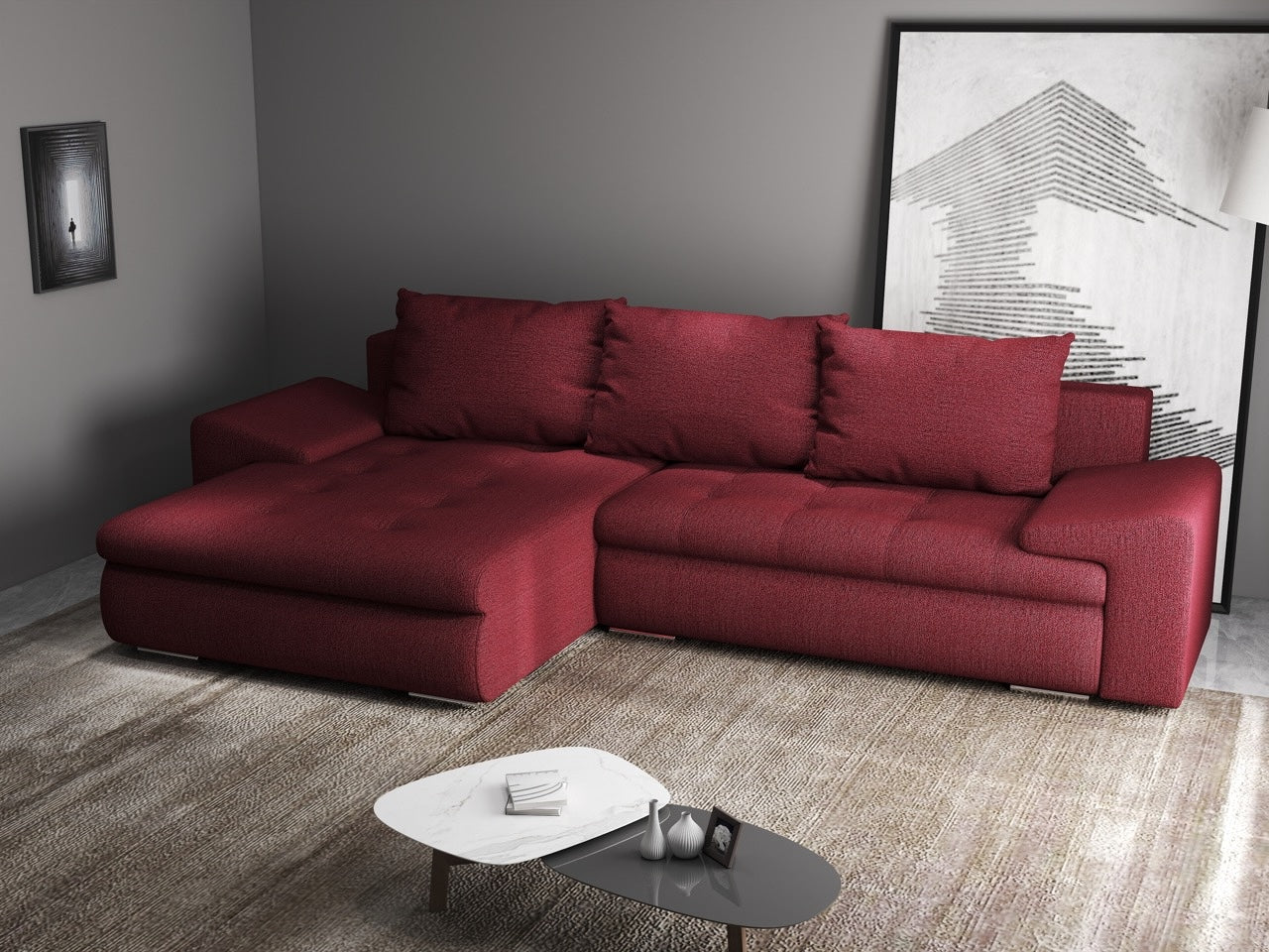 Colțar extensibil dumonde cu ladă de depozitare si sezut confortabil din spuma high-density, Leonardo Enjoy Rosu 260x185 cm