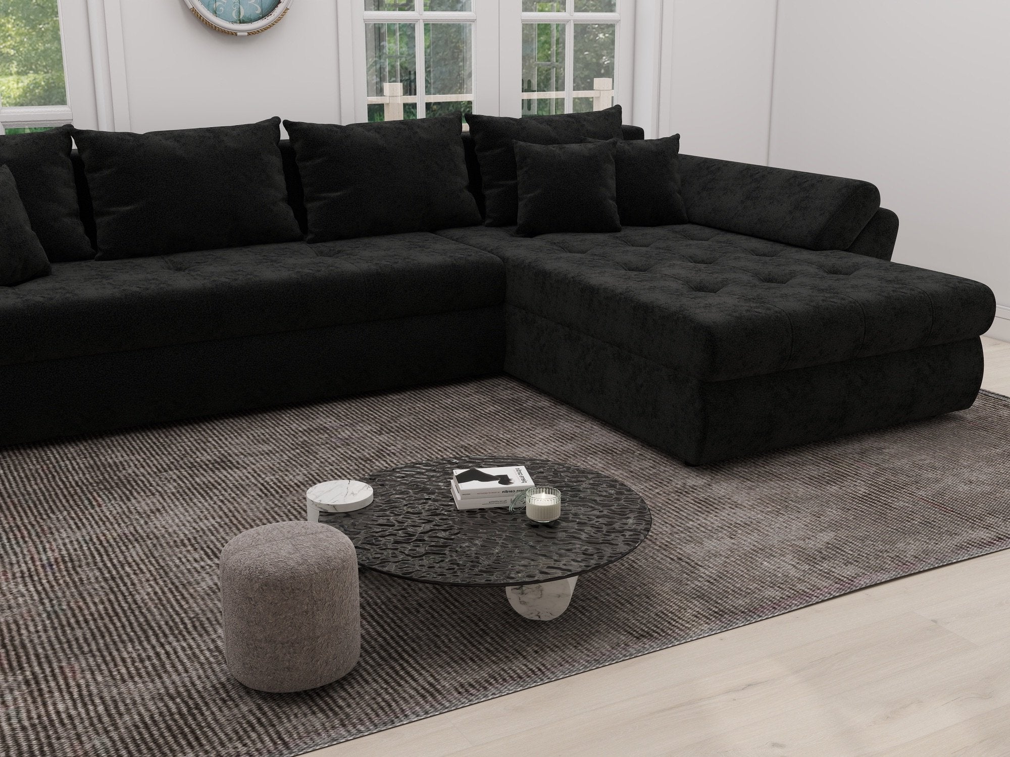 Colțar extensibil dumonde cu ladă de depozitare si sezut confortabil din spuma high-density, Loana XL Monte Negru II 335x185 cm