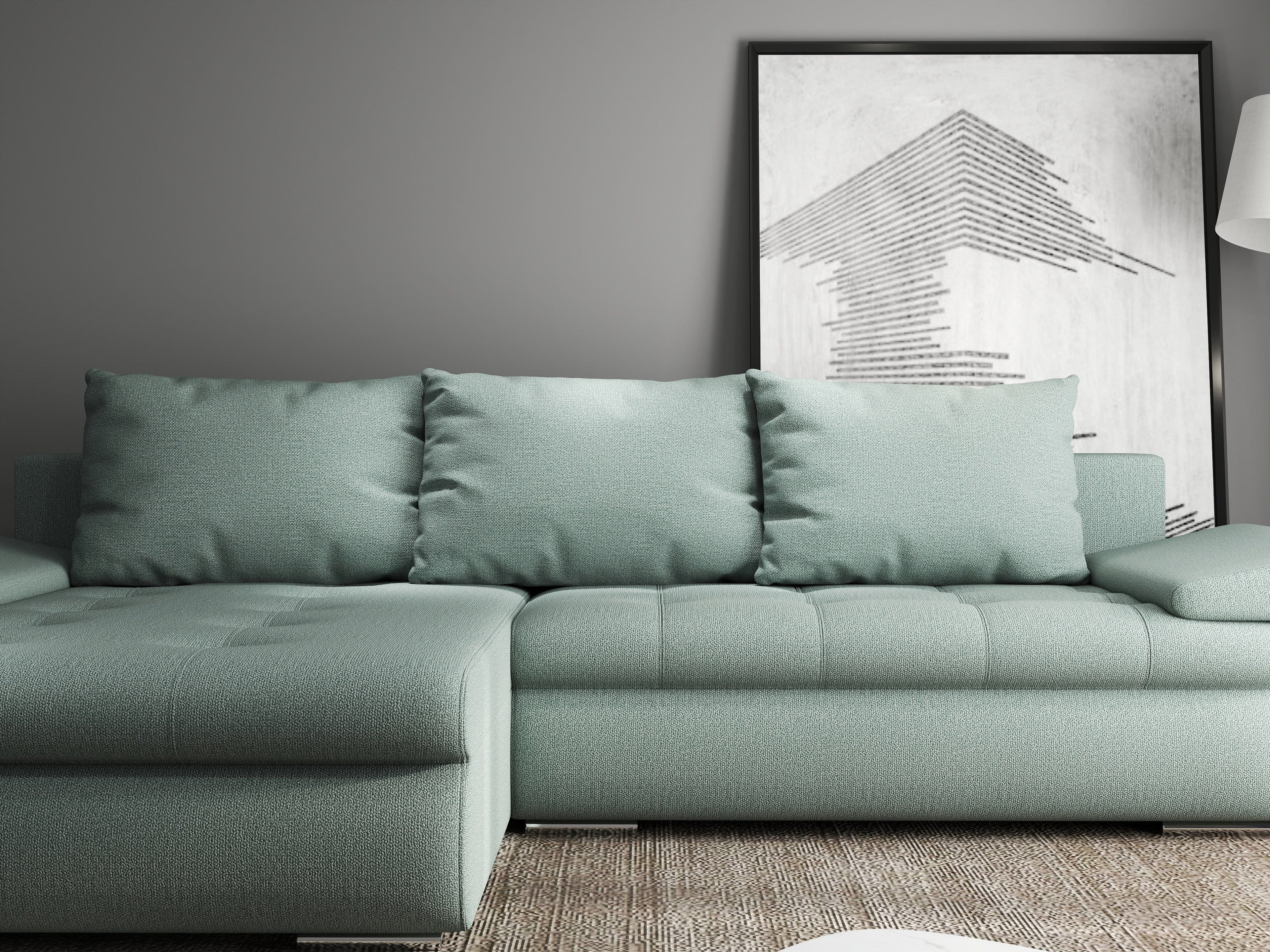 Colțar extensibil dumonde cu ladă de depozitare si sezut confortabil din spuma high-density, Leonardo Enjoy Mint 260x185 cm