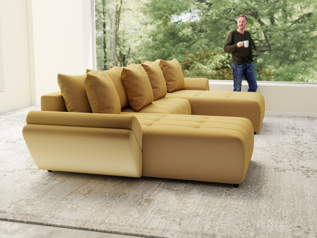 Colțar extensibil dumonde cu ladă de depozitare si sezut confortabil din spuma high-density, Berlin U Royal Mustar 380x180 cm