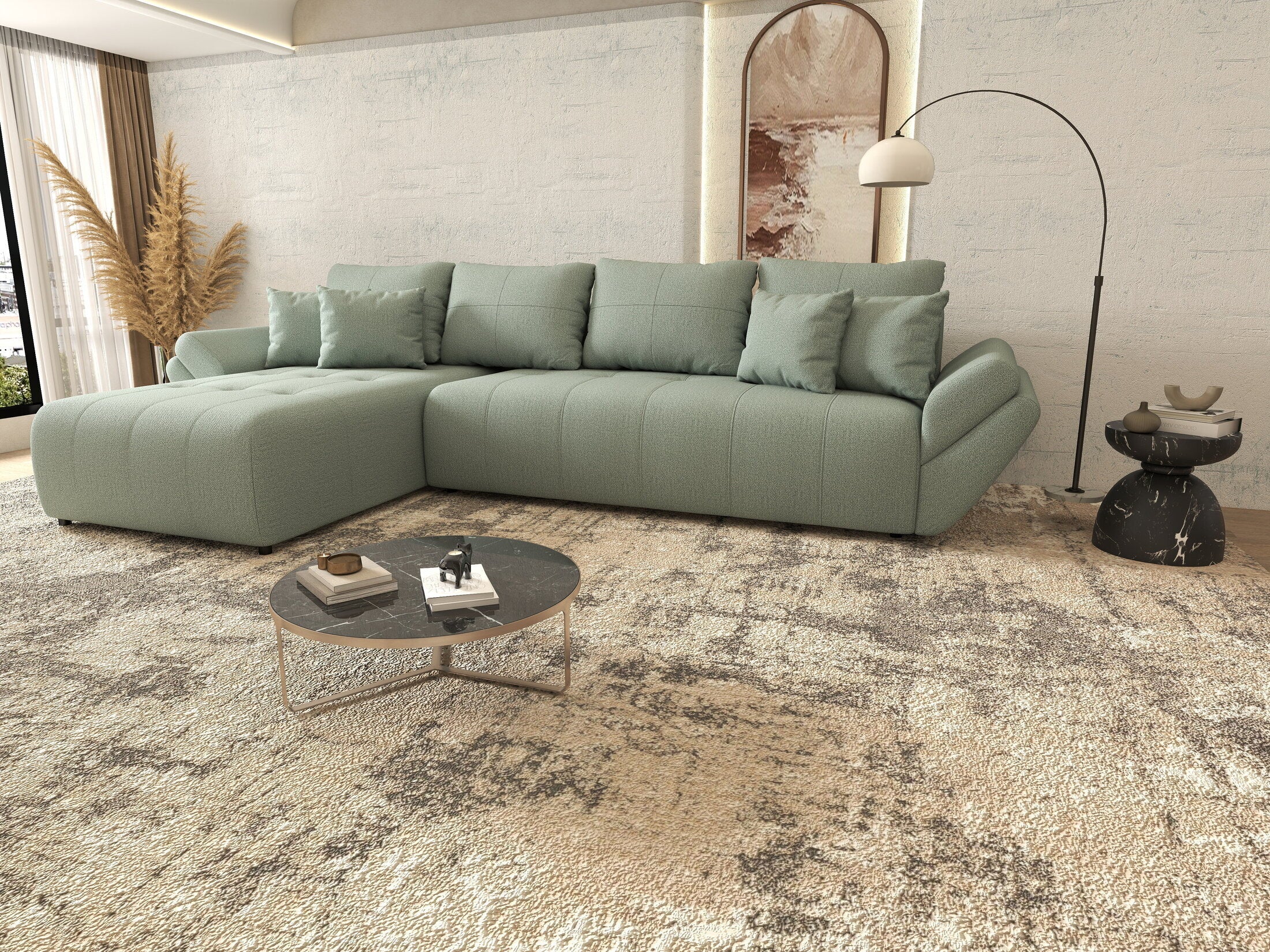 Colțar extensibil dumonde cu ladă de depozitare si sezut confortabil din spuma high-density, Berlin XL Enjoy Mint 350x185 cm