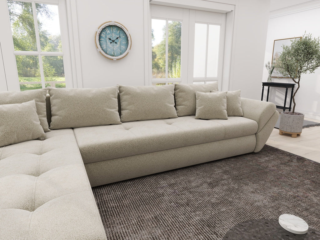 Colțar extensibil dumonde cu ladă de depozitare si sezut confortabil din spuma high-density, Loana XL Quelle Bej 02 335x185 cm