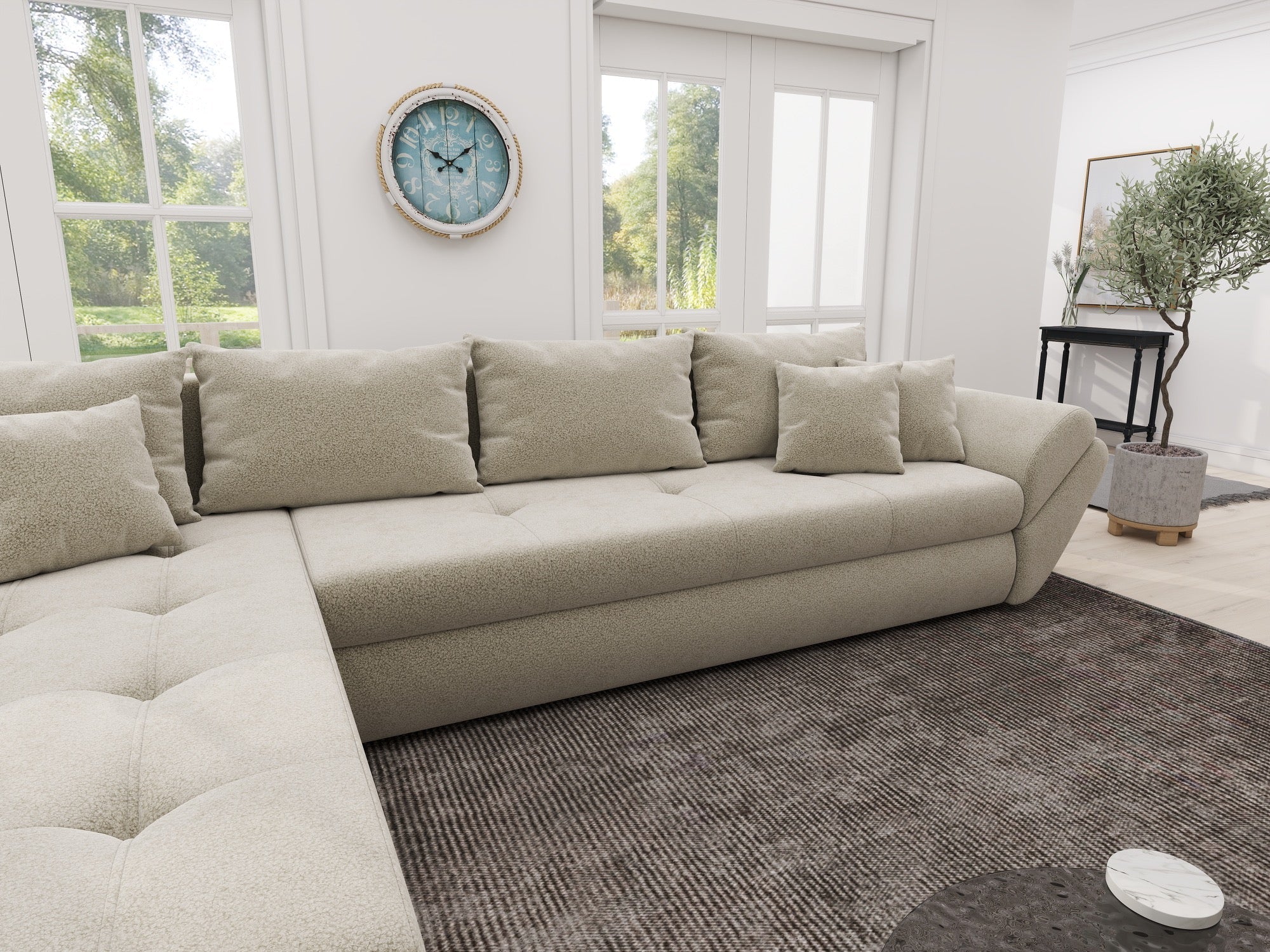Colțar extensibil dumonde cu ladă de depozitare si sezut confortabil din spuma high-density, Loana XL Quelle Bej 02 335x185 cm