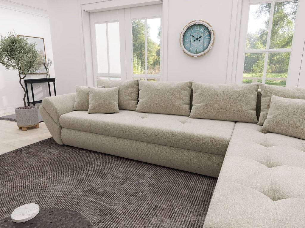 Colțar extensibil dumonde cu ladă de depozitare si sezut confortabil din spuma high-density, Loana XL Quelle Bej 02 II 335x185 cm