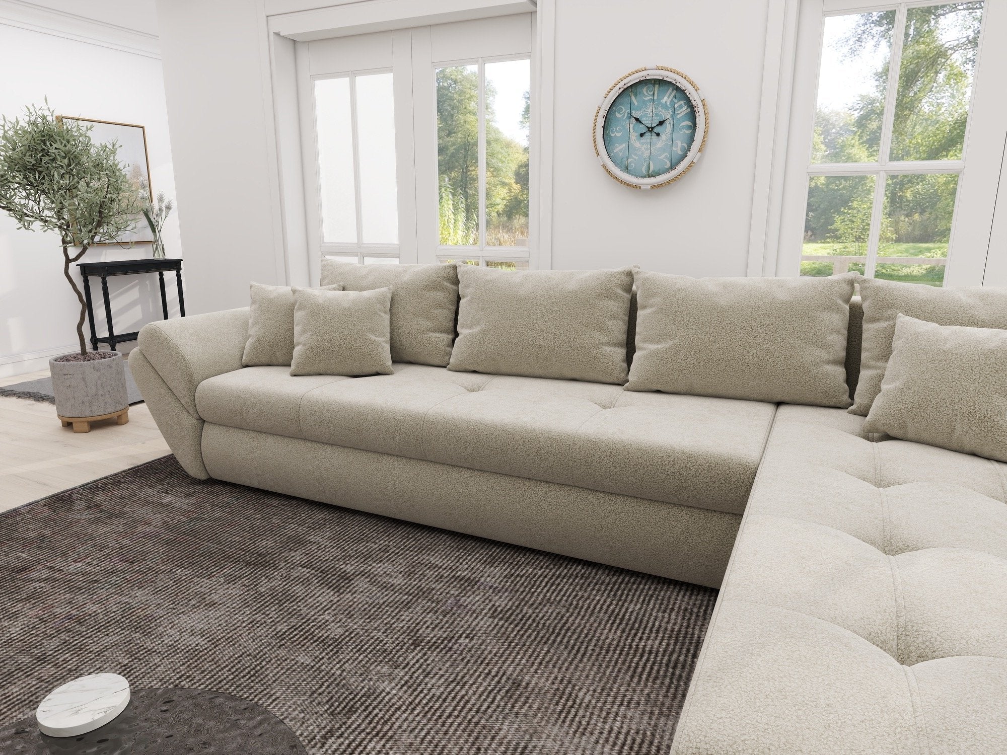 Colțar extensibil dumonde cu ladă de depozitare si sezut confortabil din spuma high-density, Loana XL Quelle Bej 02 II 335x185 cm