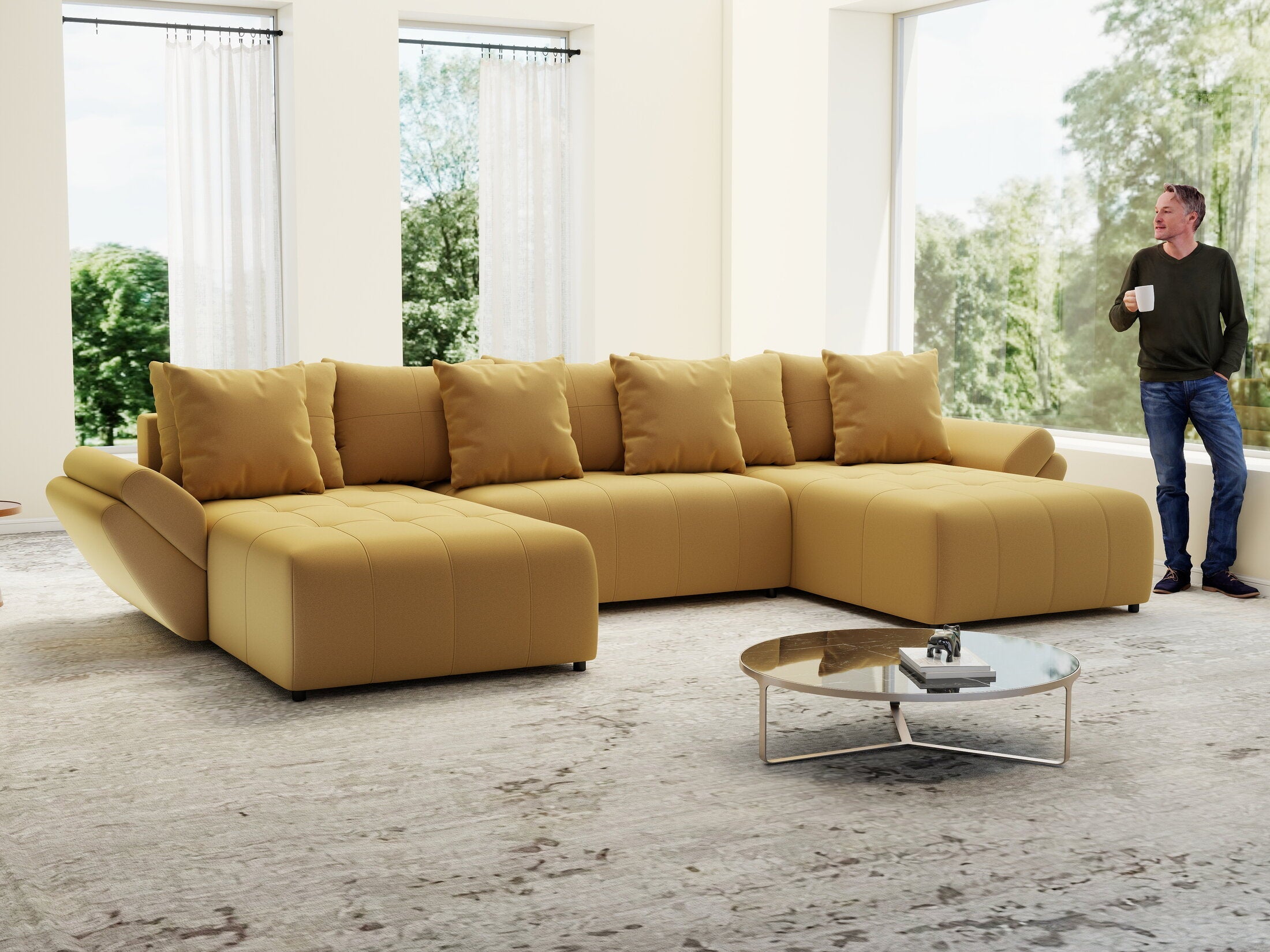 Colțar extensibil dumonde cu ladă de depozitare si sezut confortabil din spuma high-density, Berlin U Royal Mustar 380x180 cm