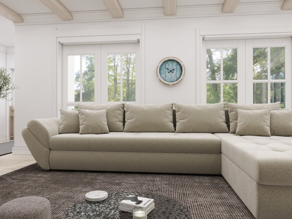 Colțar extensibil dumonde cu ladă de depozitare si sezut confortabil din spuma high-density, Loana XL Quelle Bej 02 II 335x185 cm