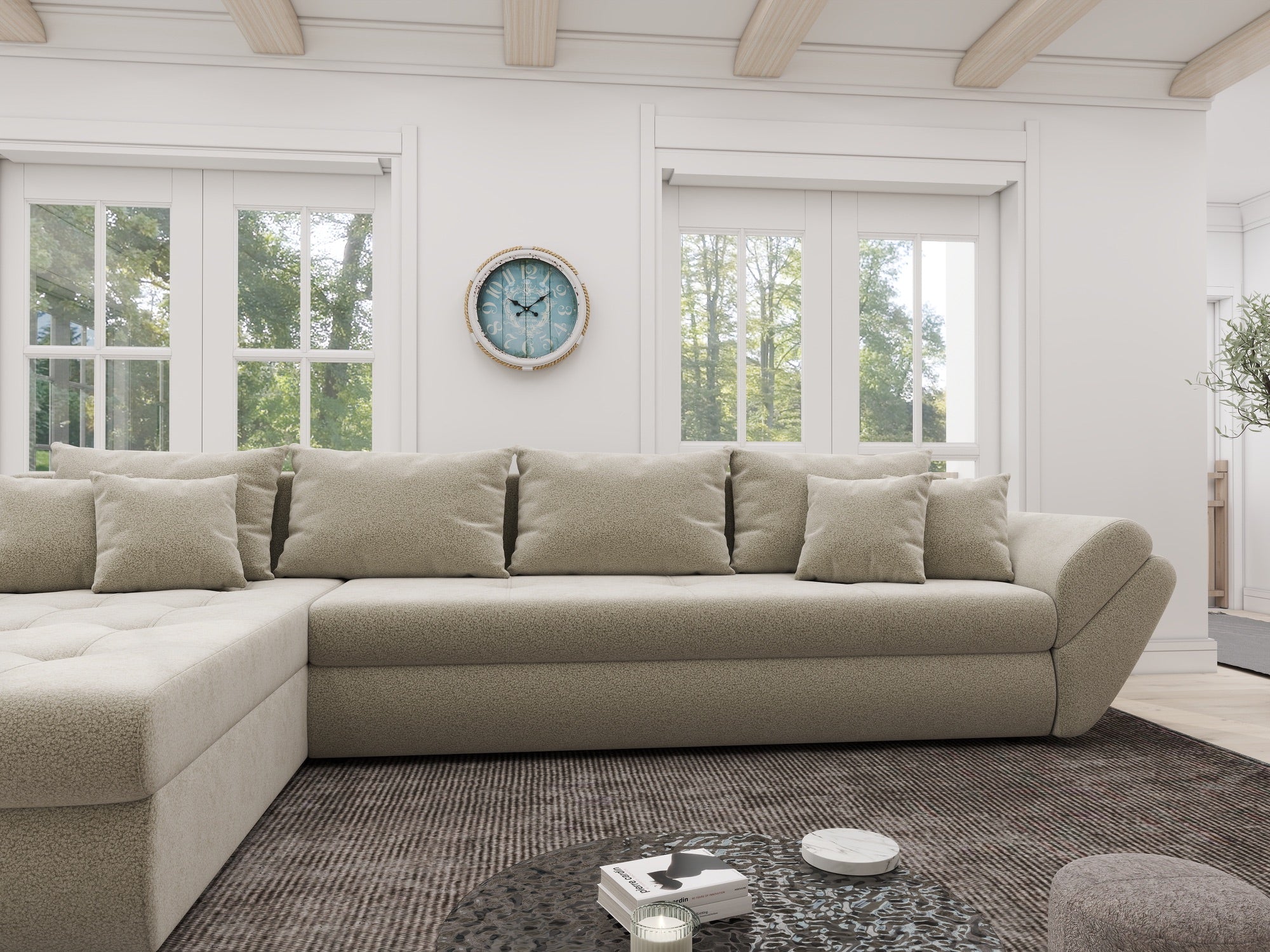Colțar extensibil dumonde cu ladă de depozitare si sezut confortabil din spuma high-density, Loana XL Quelle Bej 02 335x185 cm