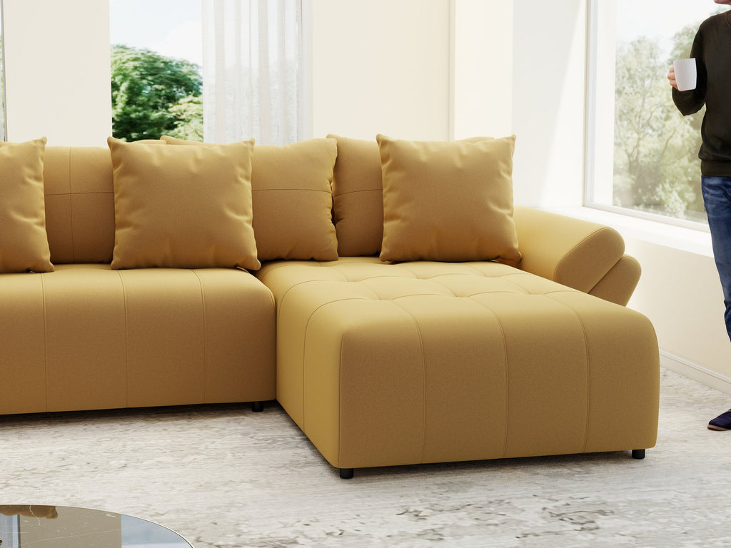 Colțar extensibil dumonde cu ladă de depozitare si sezut confortabil din spuma high-density, Berlin U Royal Mustar 380x180 cm