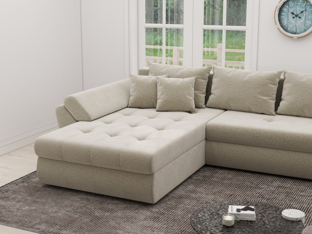 Colțar extensibil dumonde cu ladă de depozitare si sezut confortabil din spuma high-density, Loana XL Quelle Bej 02 335x185 cm