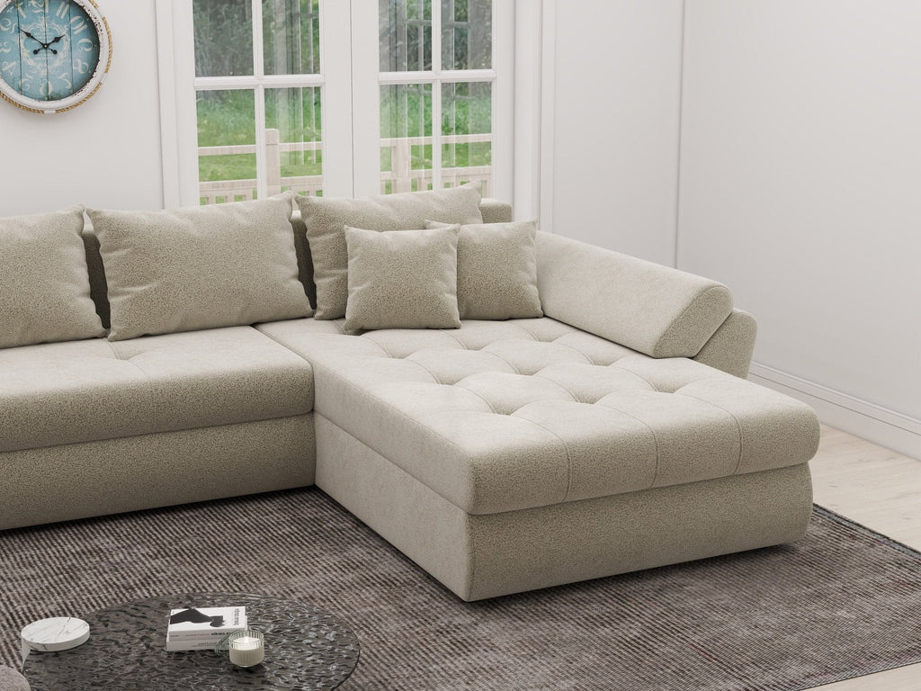 Colțar extensibil dumonde cu ladă de depozitare si sezut confortabil din spuma high-density, Loana XL Quelle Bej 02 II 335x185 cm