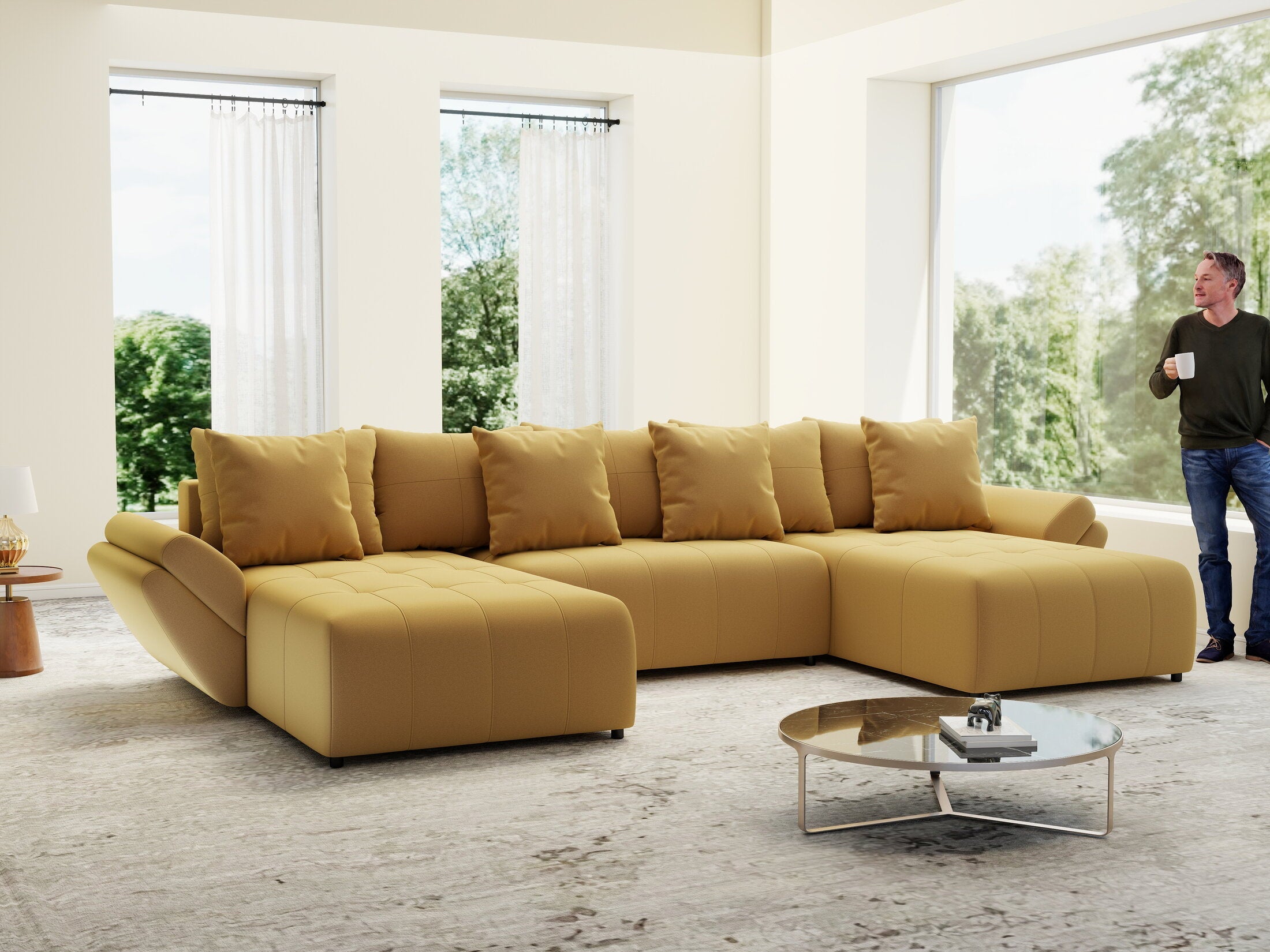 Colțar extensibil dumonde cu ladă de depozitare si sezut confortabil din spuma high-density, Berlin U Royal Mustar 380x180 cm