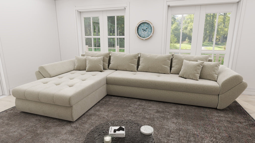 Colțar extensibil dumonde cu ladă de depozitare si sezut confortabil din spuma high-density, Loana XL Quelle Bej 02 335x185 cm