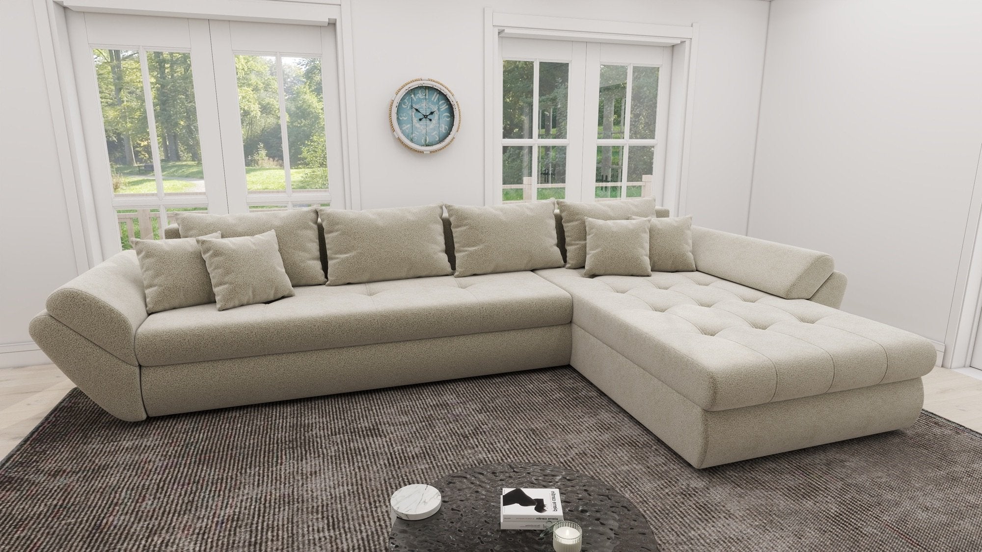 Colțar extensibil dumonde cu ladă de depozitare si sezut confortabil din spuma high-density, Loana XL Quelle Bej 02 II 335x185 cm