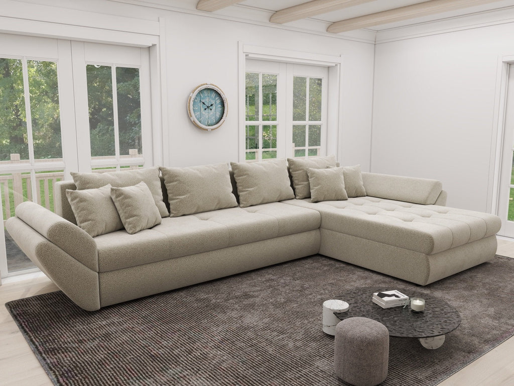 Colțar extensibil dumonde cu ladă de depozitare si sezut confortabil din spuma high-density, Loana XL Quelle Bej 02 II 335x185 cm