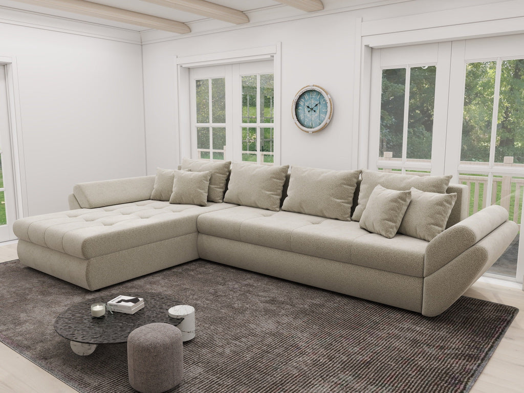 Colțar extensibil dumonde cu ladă de depozitare si sezut confortabil din spuma high-density, Loana XL Quelle Bej 02 335x185 cm