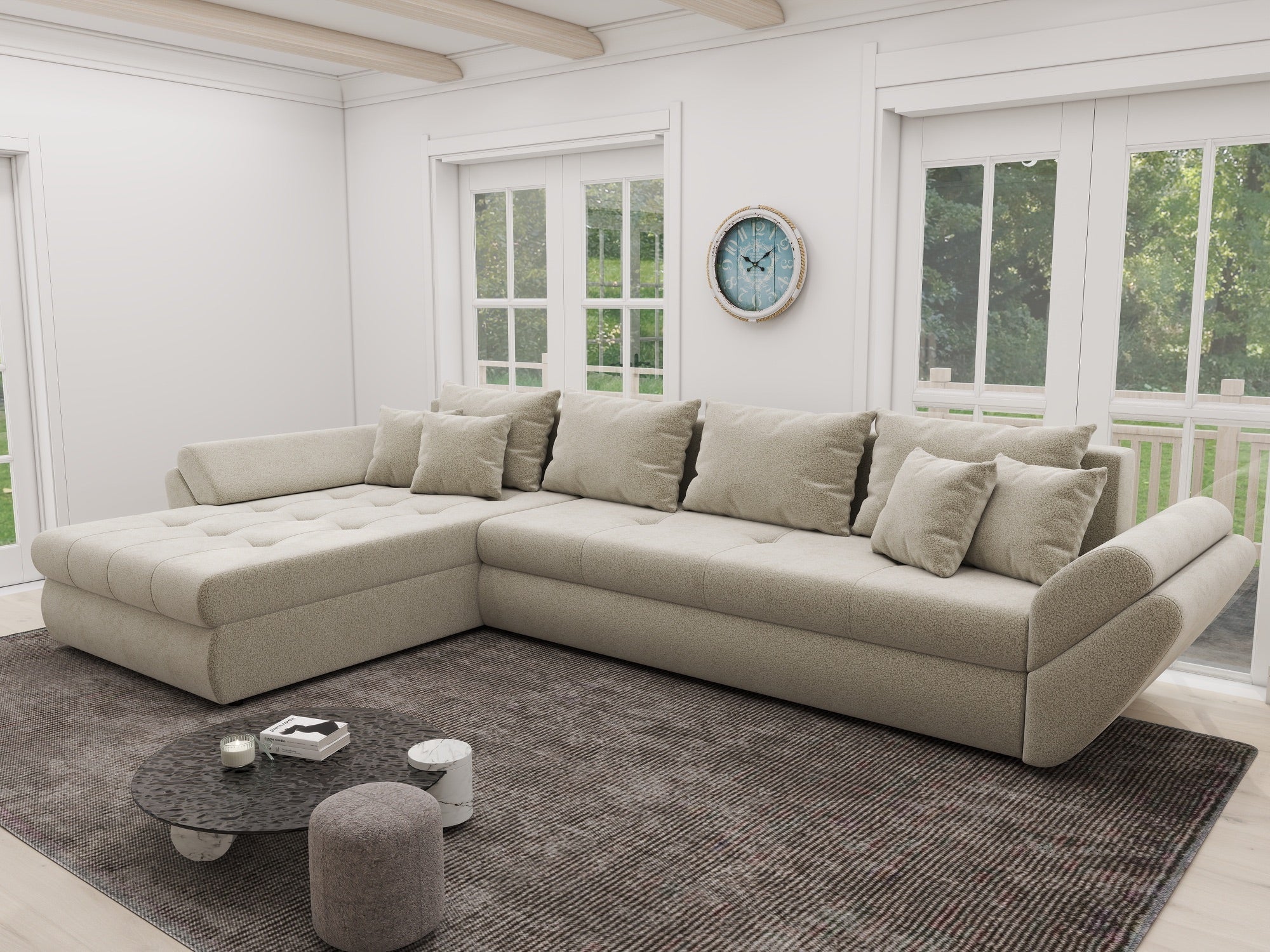 Colțar extensibil dumonde cu ladă de depozitare si sezut confortabil din spuma high-density, Loana XL Quelle Bej 02 335x185 cm
