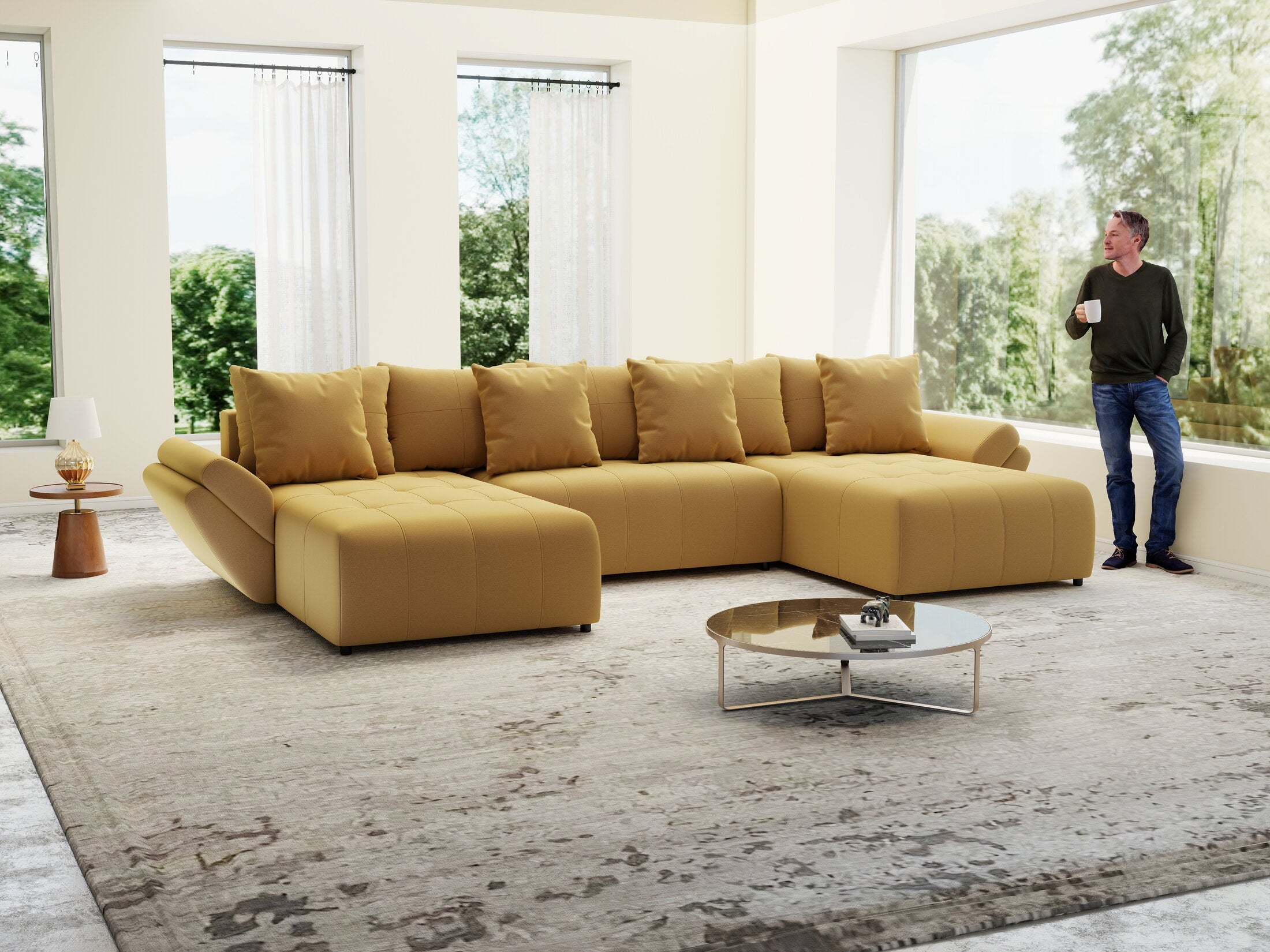 Colțar extensibil dumonde cu ladă de depozitare si sezut confortabil din spuma high-density, Berlin U Royal Mustar 380x180 cm