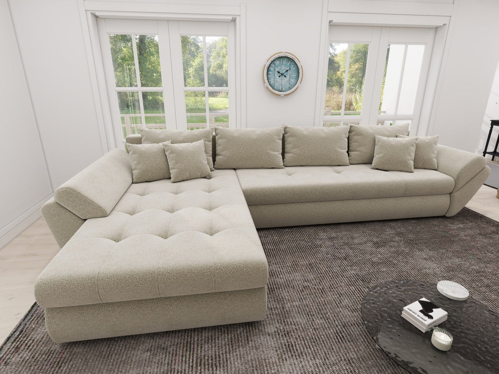 Colțar extensibil dumonde cu ladă de depozitare si sezut confortabil din spuma high-density, Loana XL Quelle Bej 02 335x185 cm