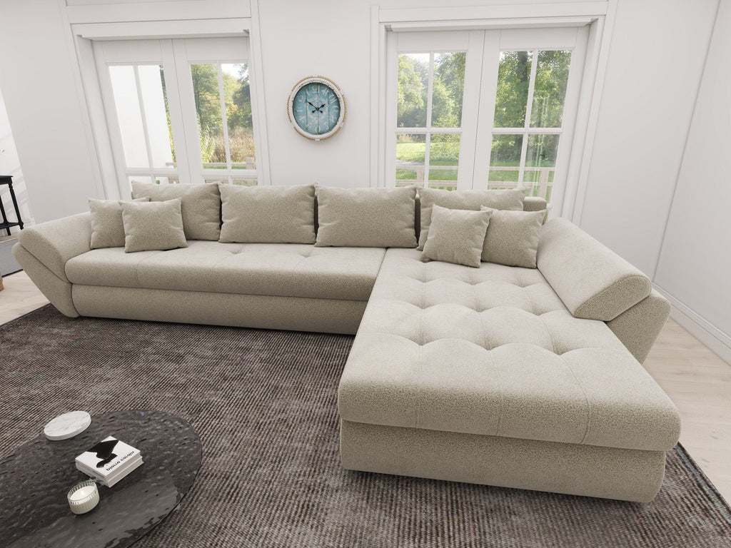 Colțar extensibil dumonde cu ladă de depozitare si sezut confortabil din spuma high-density, Loana XL Quelle Bej 02 II 335x185 cm