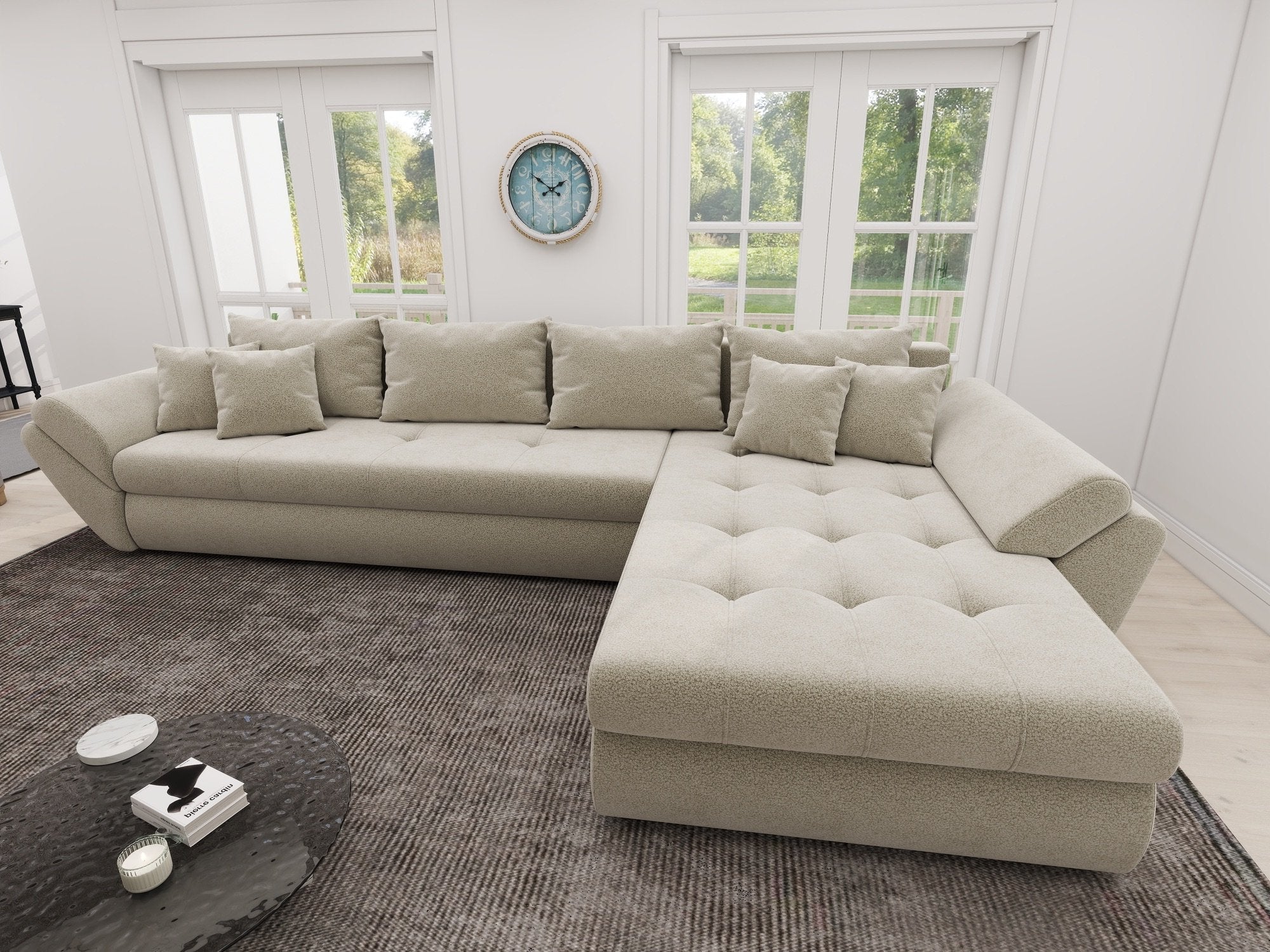 Colțar extensibil dumonde cu ladă de depozitare si sezut confortabil din spuma high-density, Loana XL Quelle Bej 02 II 335x185 cm