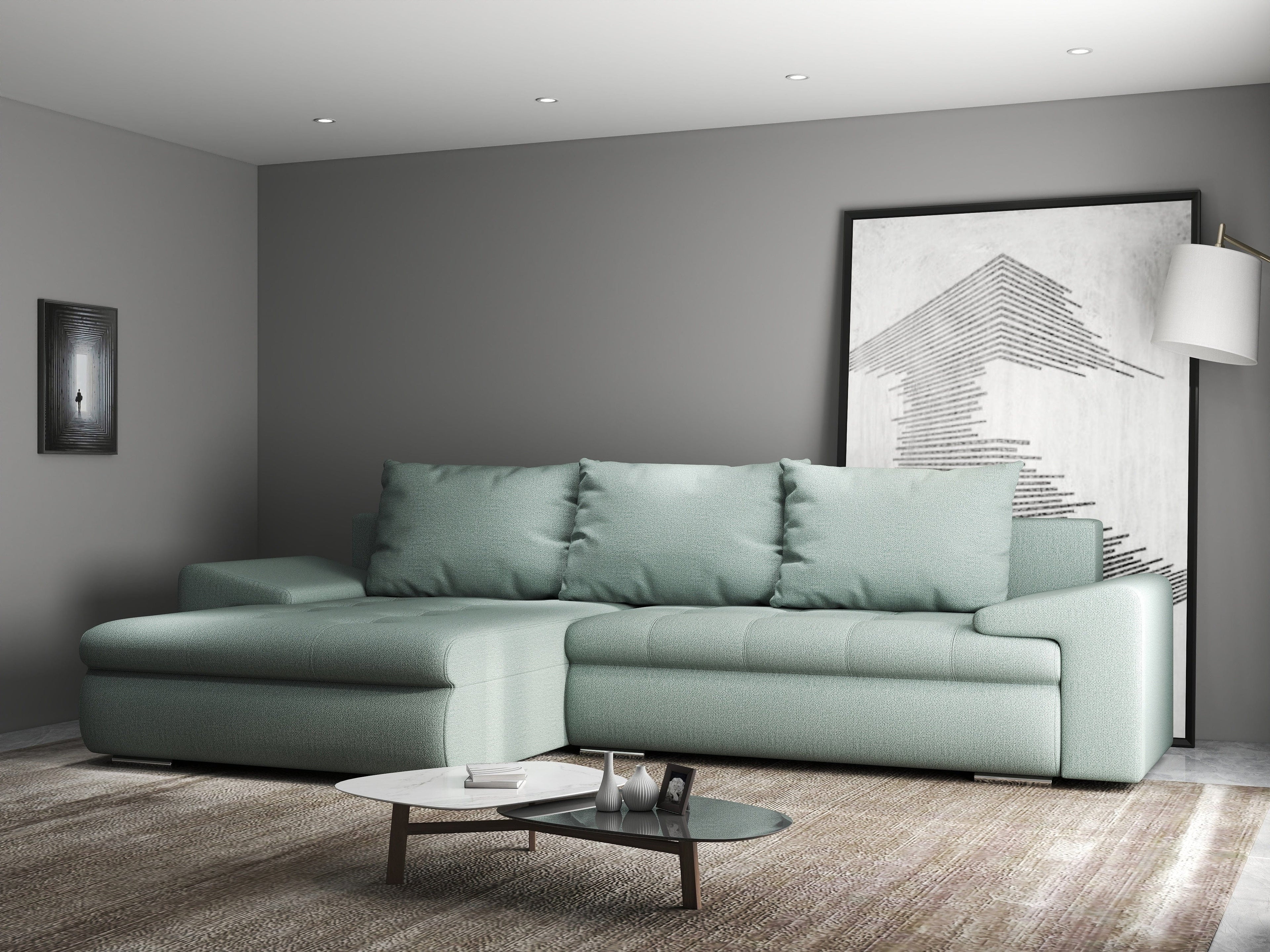 Colțar extensibil dumonde cu ladă de depozitare si sezut confortabil din spuma high-density, Leonardo Enjoy Mint 260x185 cm