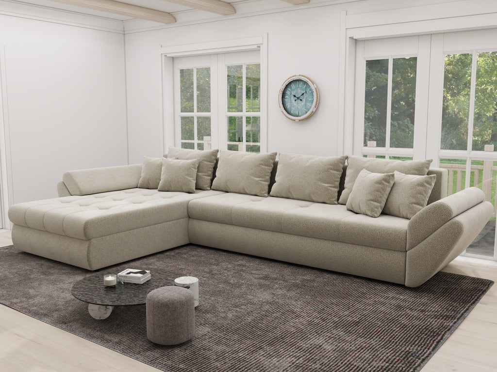 Colțar extensibil dumonde cu ladă de depozitare si sezut confortabil din spuma high-density, Loana XL Quelle Bej 02 335x185 cm