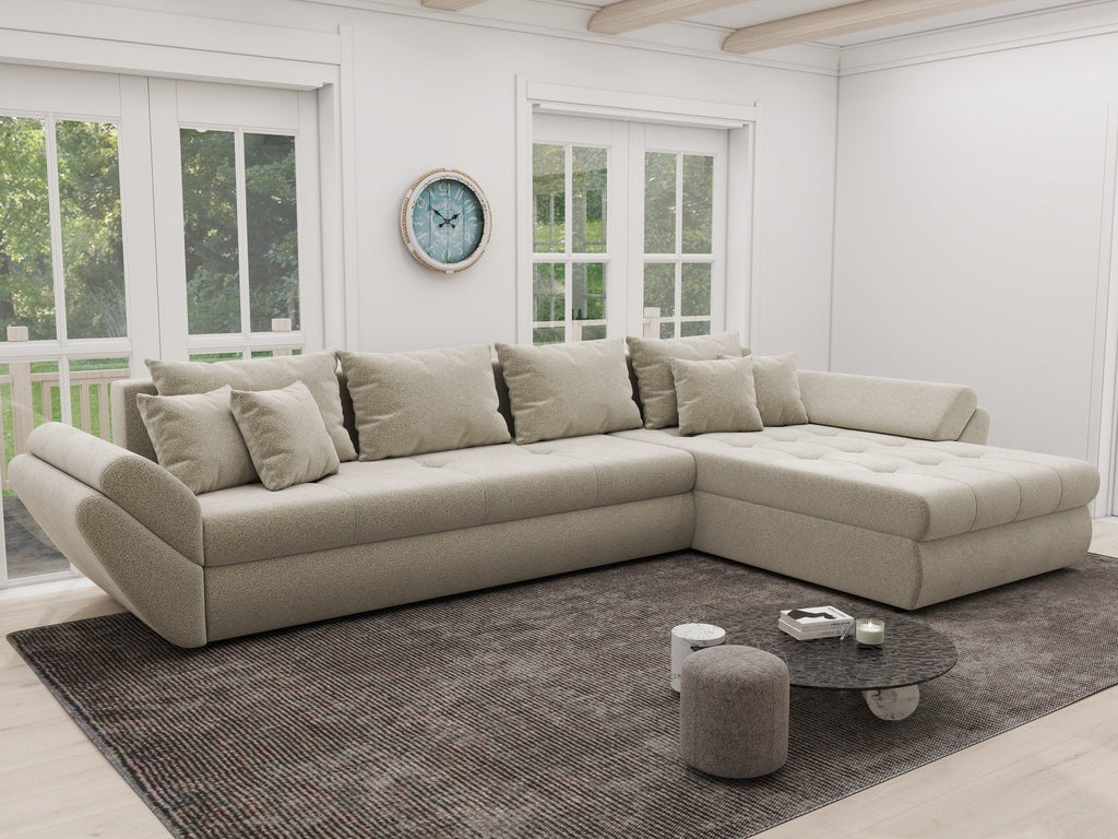 Colțar extensibil dumonde cu ladă de depozitare si sezut confortabil din spuma high-density, Loana XL Quelle Bej 02 II 335x185 cm