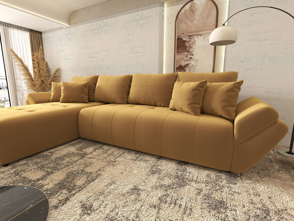 Colțar extensibil dumonde cu ladă de depozitare si sezut confortabil din spuma high-density, Berlin XL Royal Mustar 350x185 cm