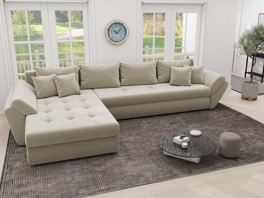 Colțar extensibil dumonde cu ladă de depozitare si sezut confortabil din spuma high-density, Loana XL Quelle Bej 02 335x185 cm