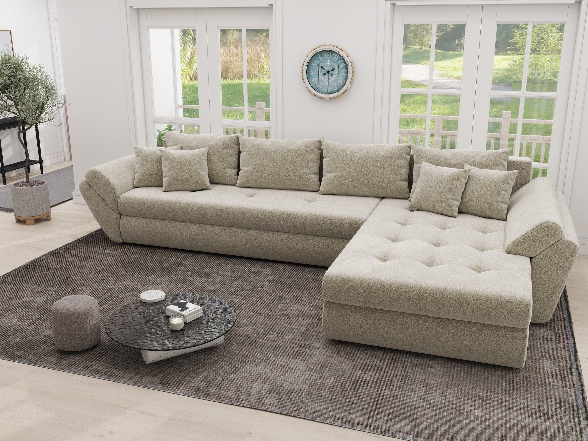 Colțar extensibil dumonde cu ladă de depozitare si sezut confortabil din spuma high-density, Loana XL Quelle Bej 02 II 335x185 cm