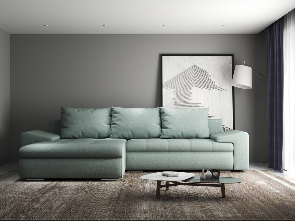Colțar extensibil dumonde cu ladă de depozitare si sezut confortabil din spuma high-density, Leonardo Enjoy Mint 260x185 cm