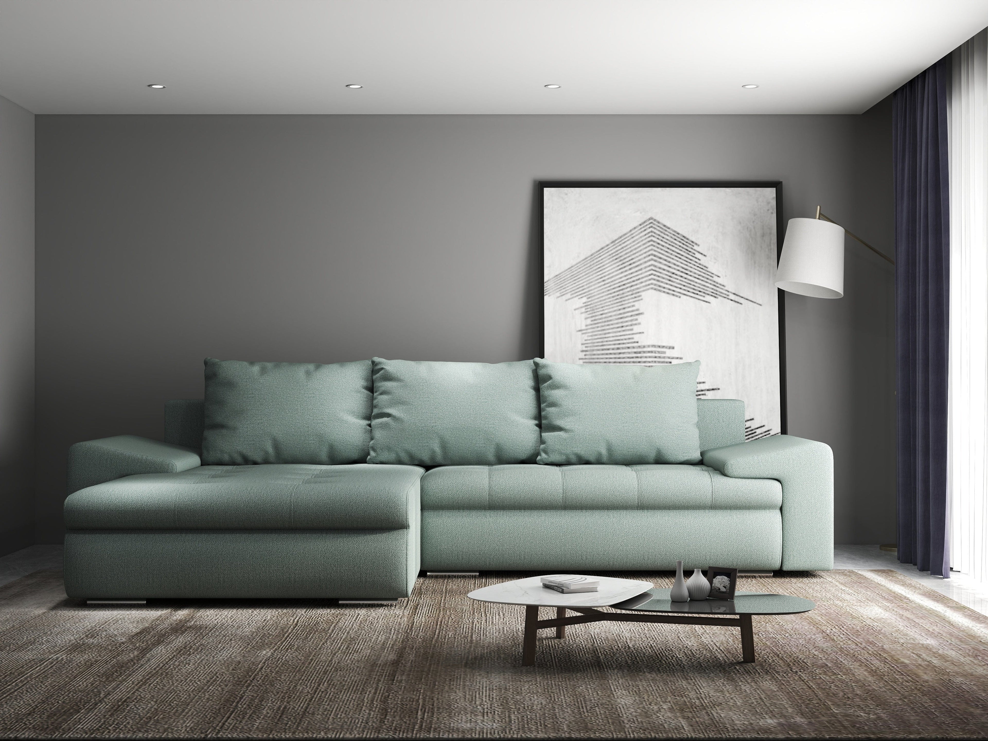 Colțar extensibil dumonde cu ladă de depozitare si sezut confortabil din spuma high-density, Leonardo Enjoy Mint 260x185 cm