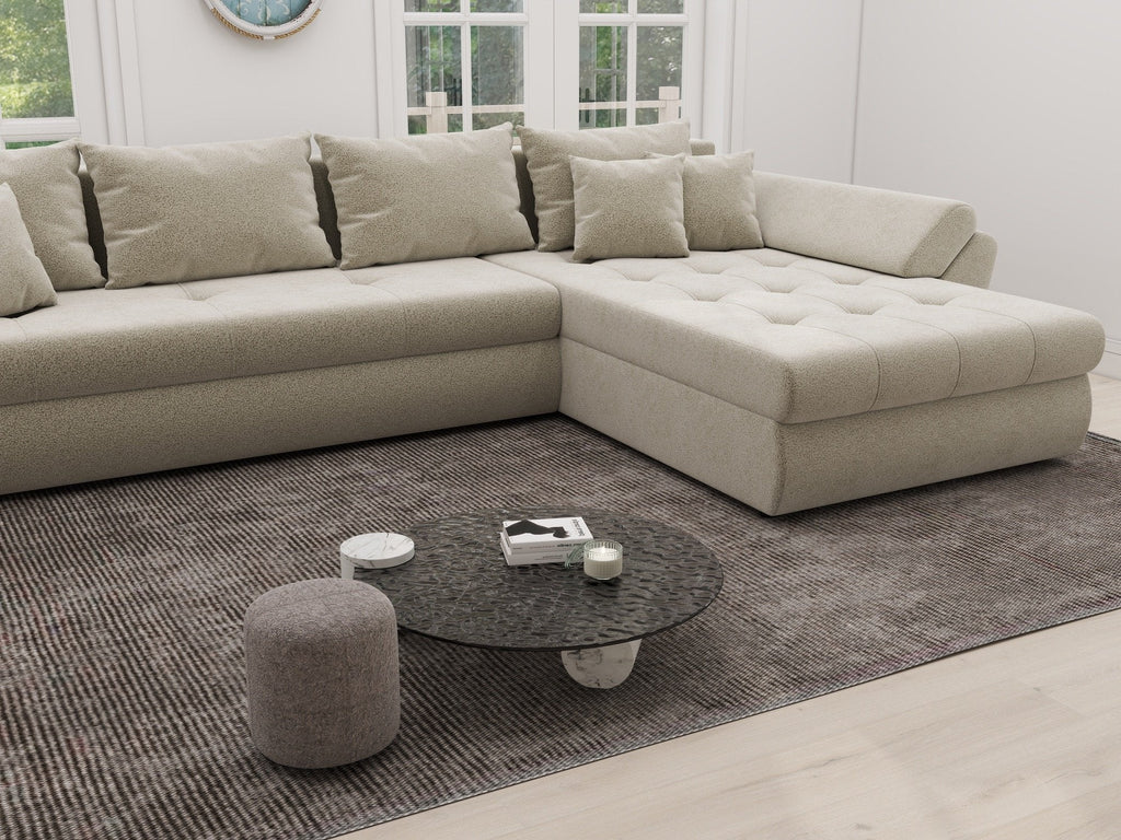 Colțar extensibil dumonde cu ladă de depozitare si sezut confortabil din spuma high-density, Loana XL Quelle Bej 02 II 335x185 cm