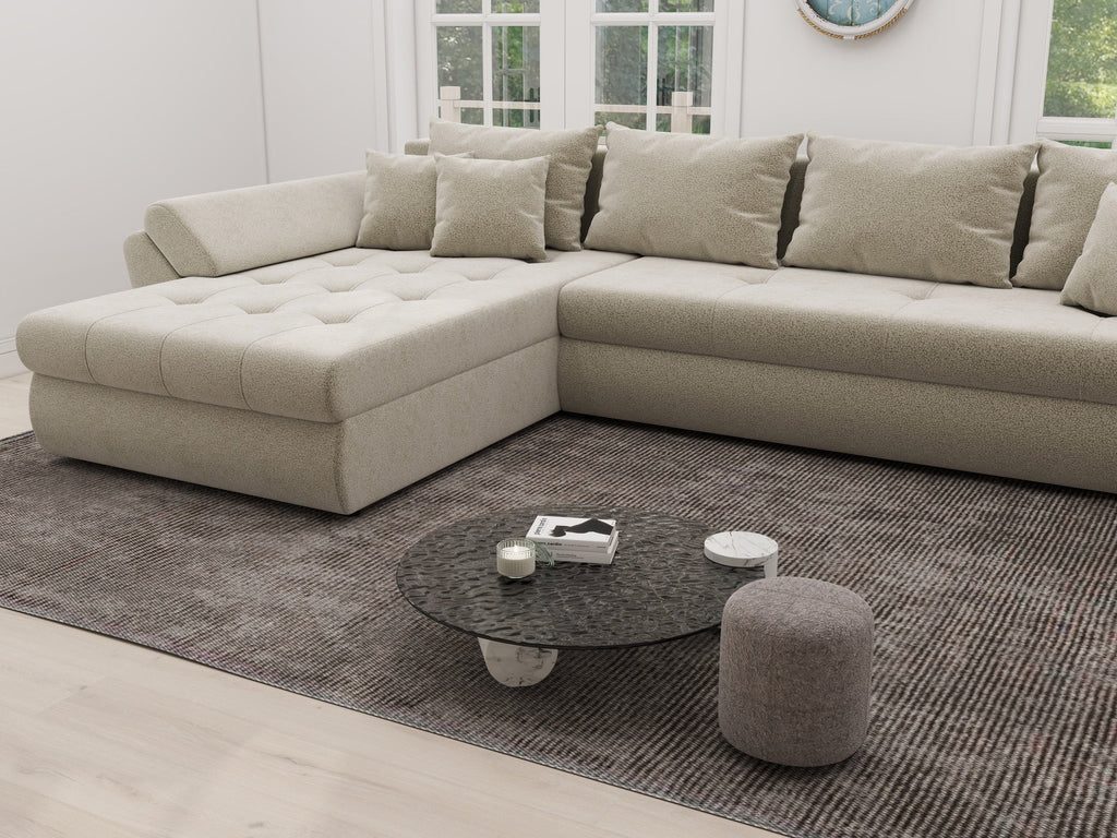 Colțar extensibil dumonde cu ladă de depozitare si sezut confortabil din spuma high-density, Loana XL Quelle Bej 02 335x185 cm