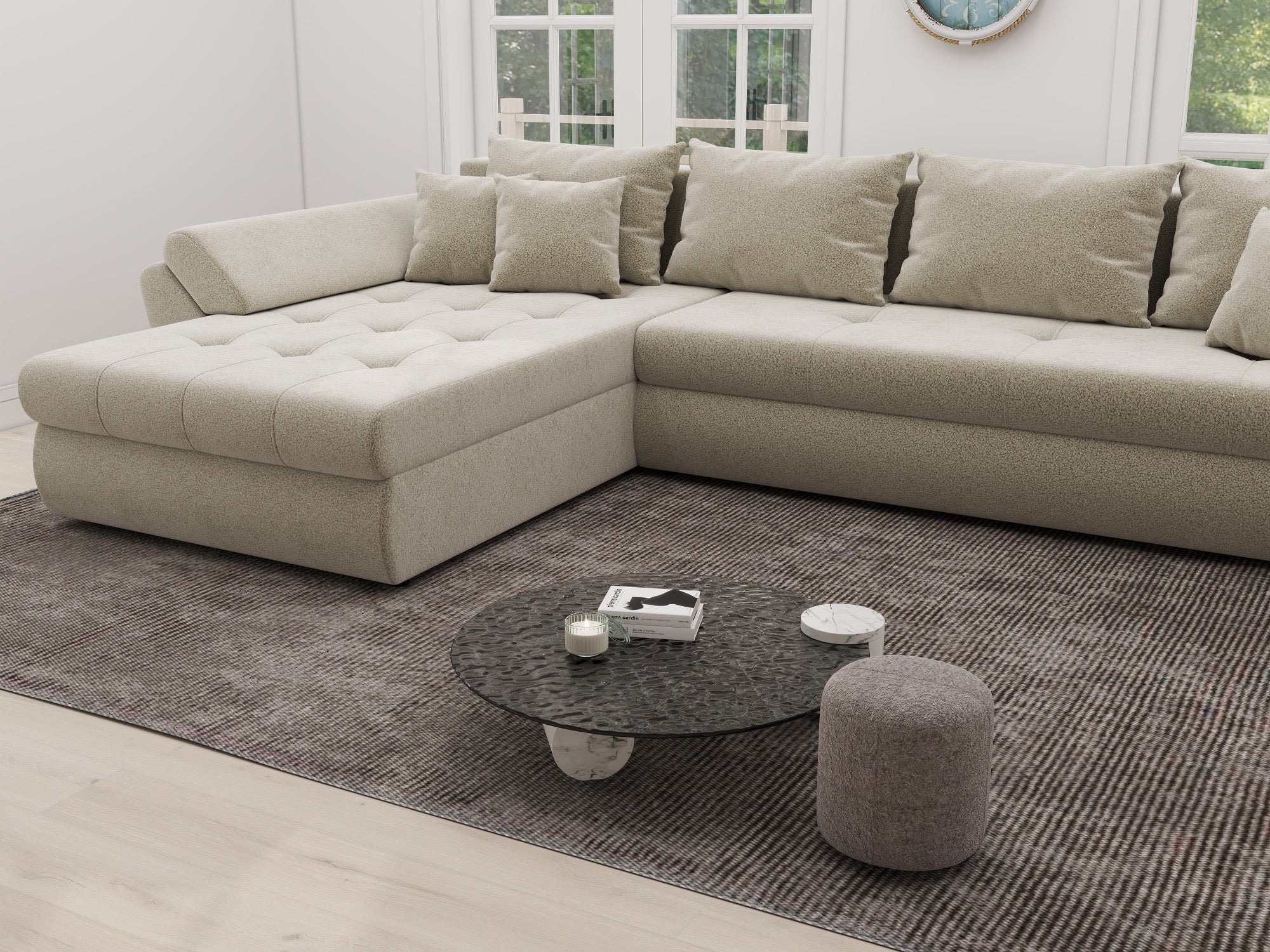 Colțar extensibil dumonde cu ladă de depozitare si sezut confortabil din spuma high-density, Loana XL Quelle Bej 02 335x185 cm
