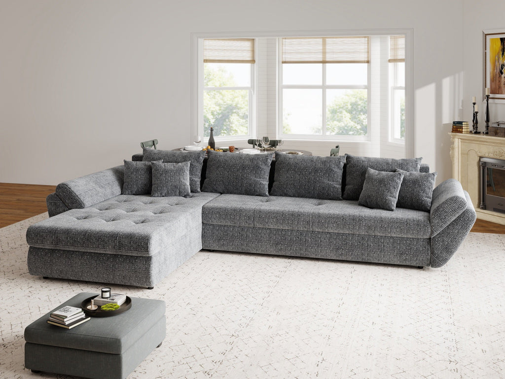 Colțar extensibil dumonde cu ladă de depozitare si sezut confortabil din spuma high-density, Loana XL Cremona Gri 335x185 cm