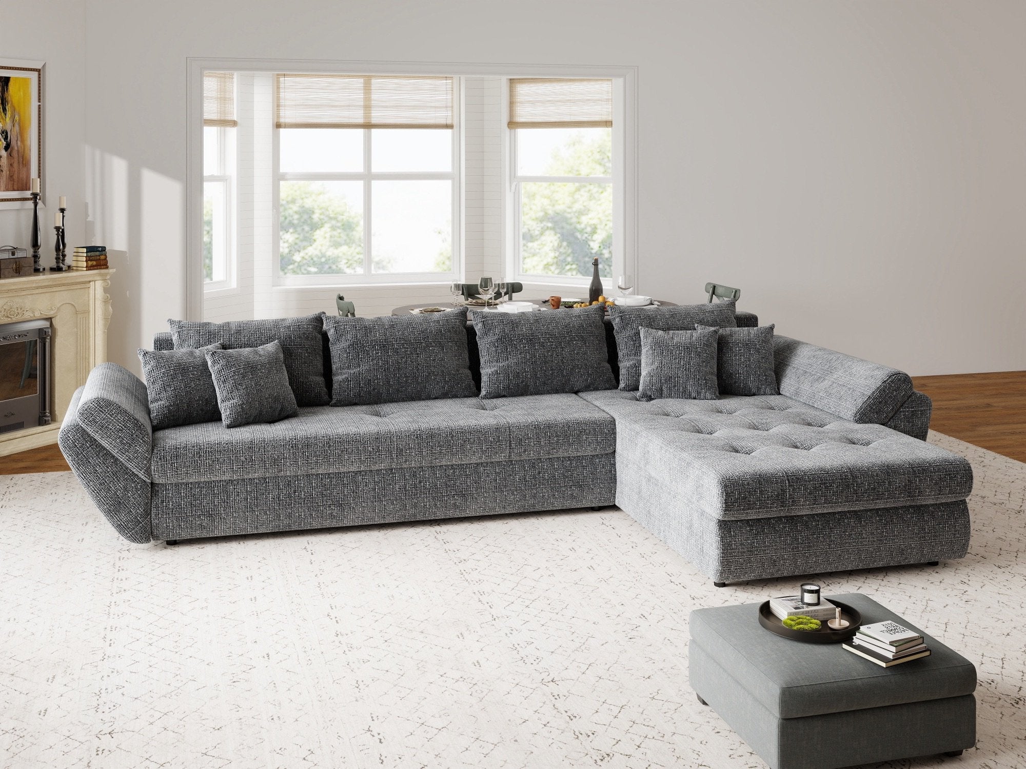 Colțar extensibil dumonde cu ladă de depozitare si sezut confortabil din spuma high-density, Loana XL Cremona Gri II 335x185 cm