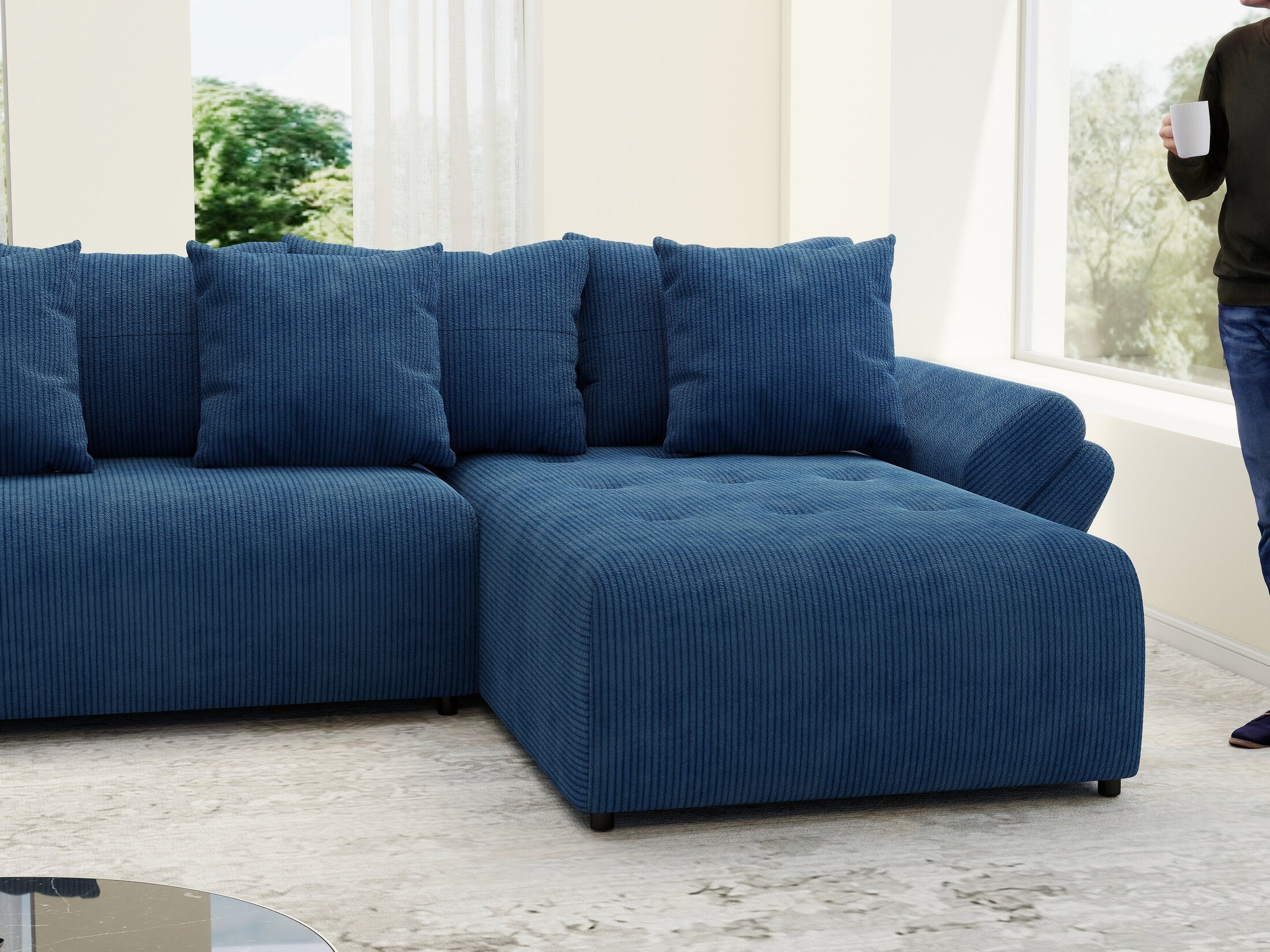 Colțar extensibil dumonde cu ladă de depozitare si sezut confortabil din spuma high-density, Berlin U Zoom Blue 380x180 cm