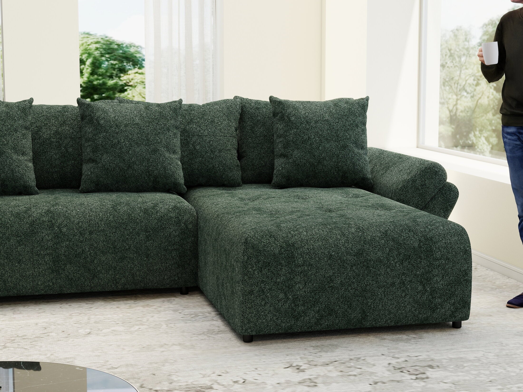 Colțar extensibil dumonde cu ladă de depozitare si sezut confortabil din spuma high-density, Berlin U Euphoria Verde 380x180 cm
