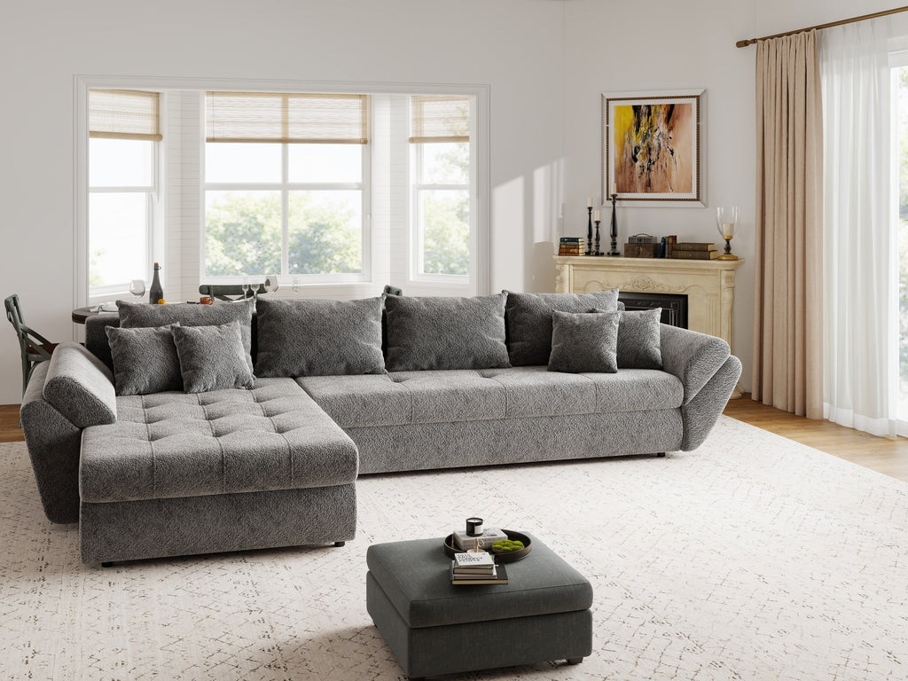 Colțar extensibil dumonde cu ladă de depozitare si sezut confortabil din spuma high-density, Loana XL Arena Gri Grafit 335x185 cm