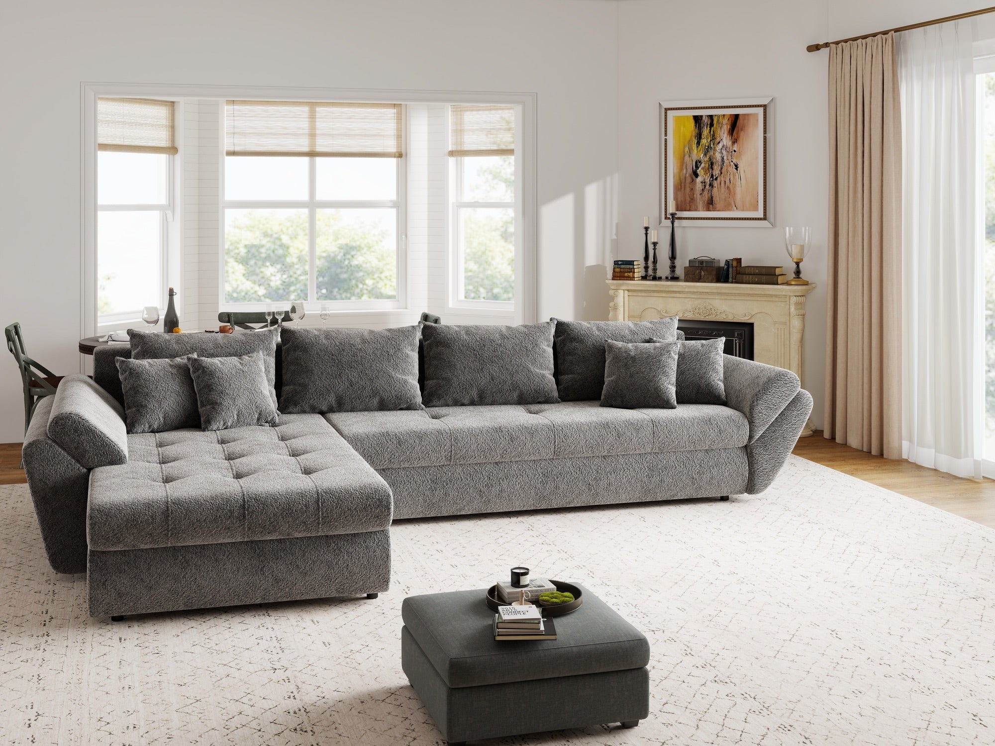 Colțar extensibil dumonde cu ladă de depozitare si sezut confortabil din spuma high-density, Loana XL Arena Gri Grafit 335x185 cm