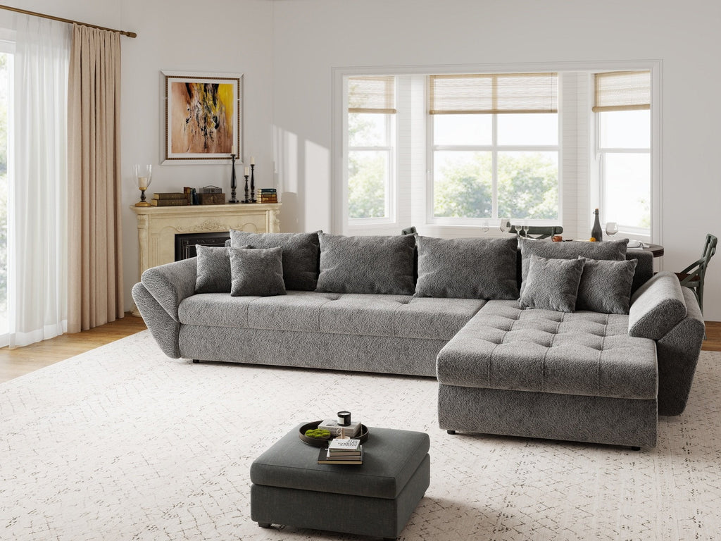 Colțar extensibil dumonde cu ladă de depozitare si sezut confortabil din spuma high-density, Loana XL Arena Gri Grafit II 335x185 cm