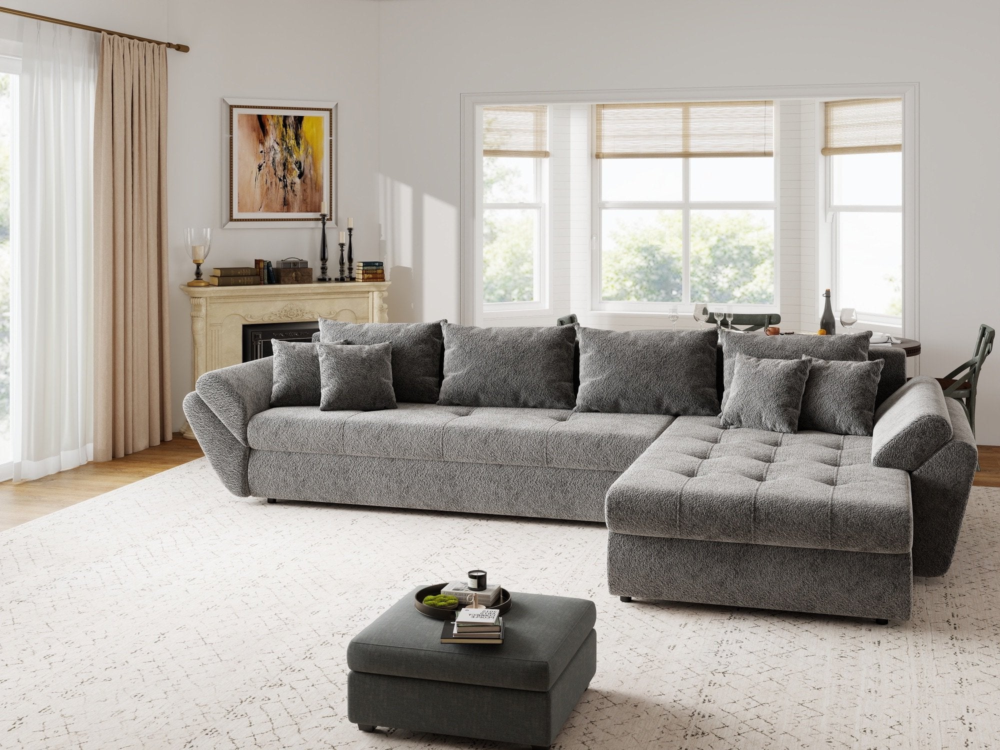 Colțar extensibil dumonde cu ladă de depozitare si sezut confortabil din spuma high-density, Loana XL Arena Gri Grafit II 335x185 cm