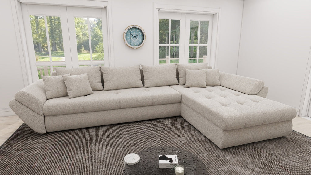 Colțar extensibil dumonde cu ladă de depozitare si sezut confortabil din spuma high-density, Loana XL Monte Bej II 335x185 cm