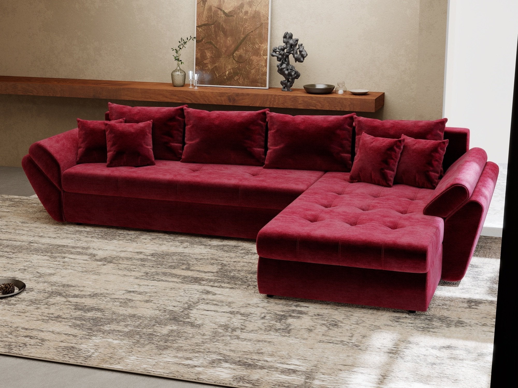 Colțar extensibil dumonde cu ladă de depozitare si sezut confortabil din spuma high-density, Loana XL Monolith Rosu II 335x185 cm