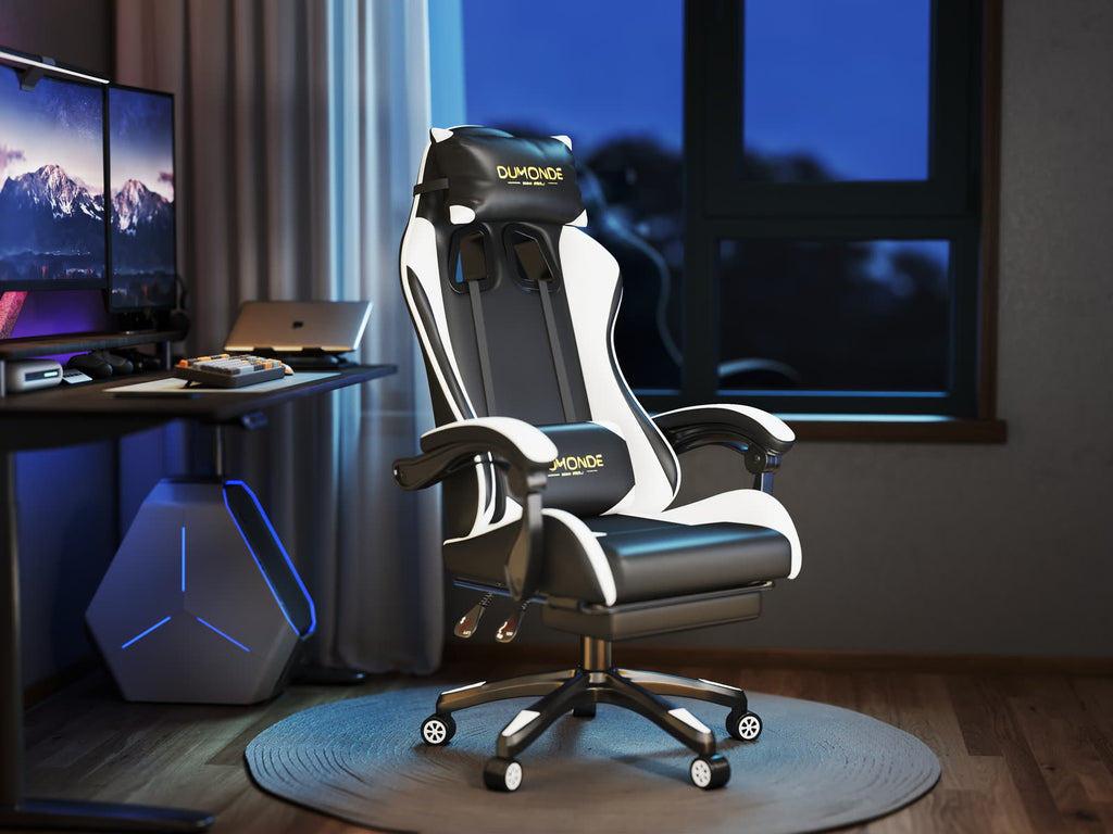 Scaun gaming Dumonde NIGHTFAL, mecanism multifuncțional, ecopiele, suport picioare, alb/negru