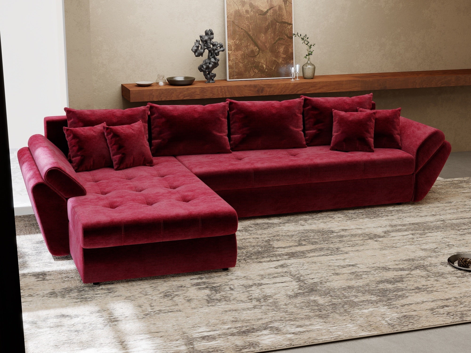 Colțar extensibil dumonde cu ladă de depozitare si sezut confortabil din spuma high-density, Loana XL Monolith Rosu 335x185 cm