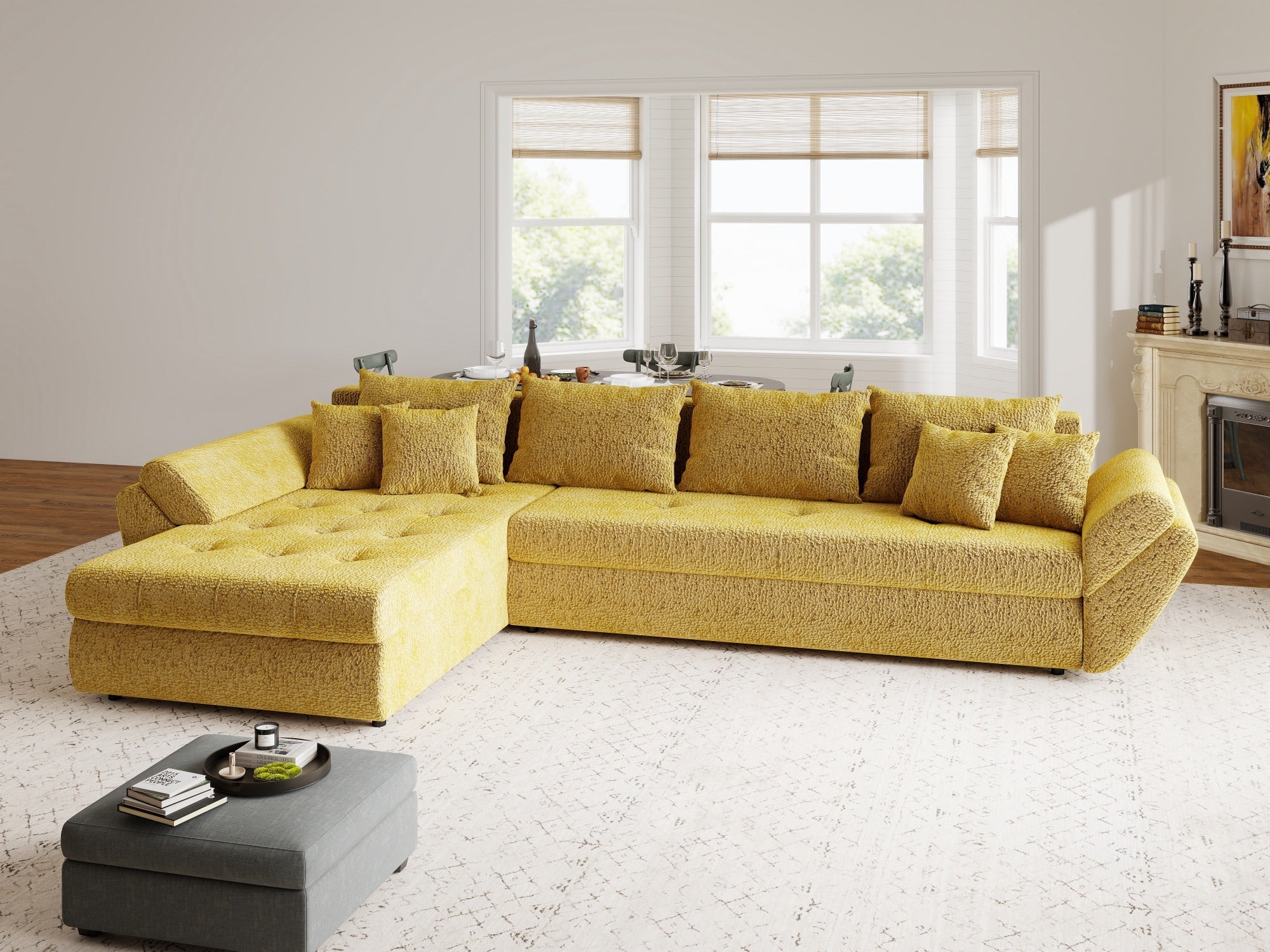 Colțar extensibil dumonde cu ladă de depozitare si sezut confortabil din spuma high-density, Loana XL Jaguar Galben Mustar 335x185 cm