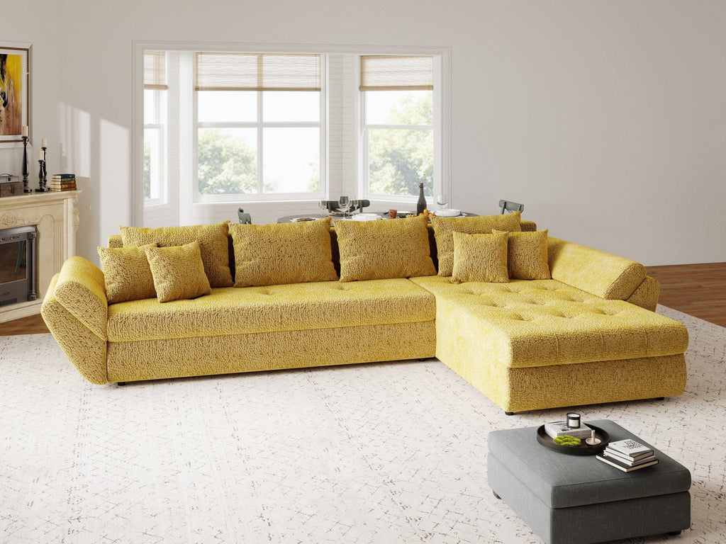 Colțar extensibil dumonde cu ladă de depozitare si sezut confortabil din spuma high-density, Loana XL Jaguar Galben Mustar II 335x185 cm